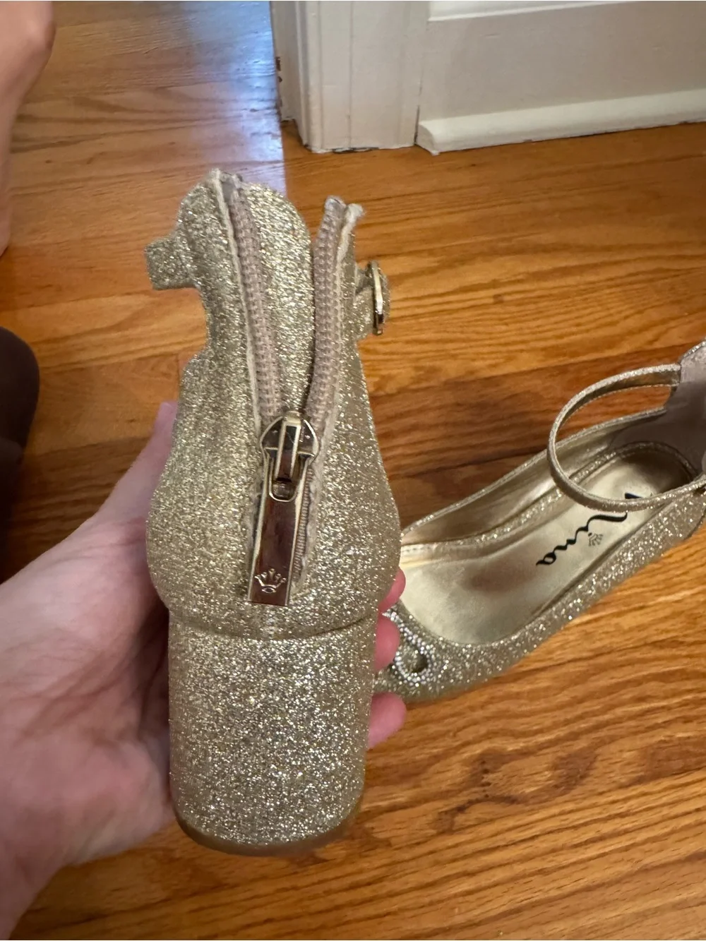 Nina Gold Glitter Ankle-Strap Dress Shoes with Crystal Bow